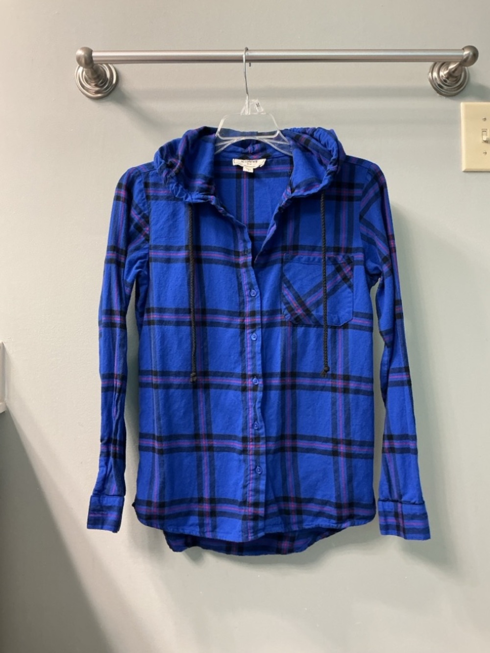 Blue Plaid Hooded Button Front Cotton Shirt